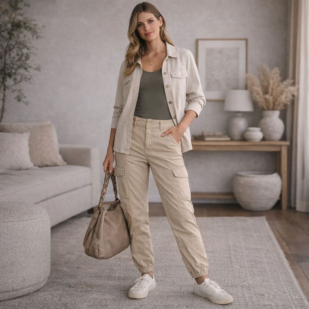 Anthropologie SANCTUARY Women’ Cargo Jogger Pants Beige Cotton Blend Stretch 27